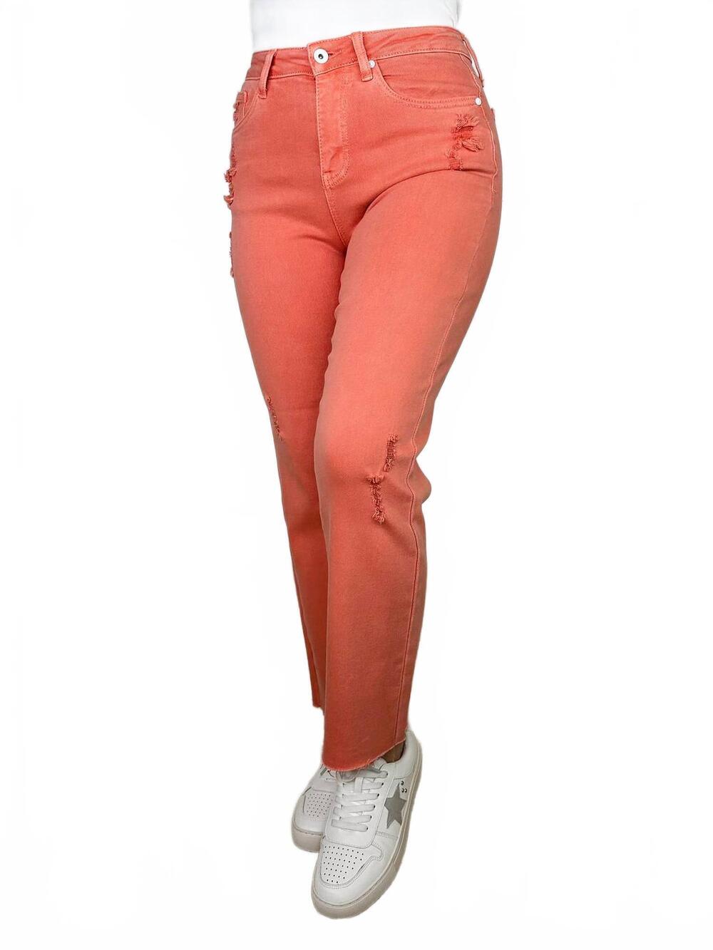 NEW SAIGE DENIM cute distressed high-rise raw hem dad jeans in salmon orange